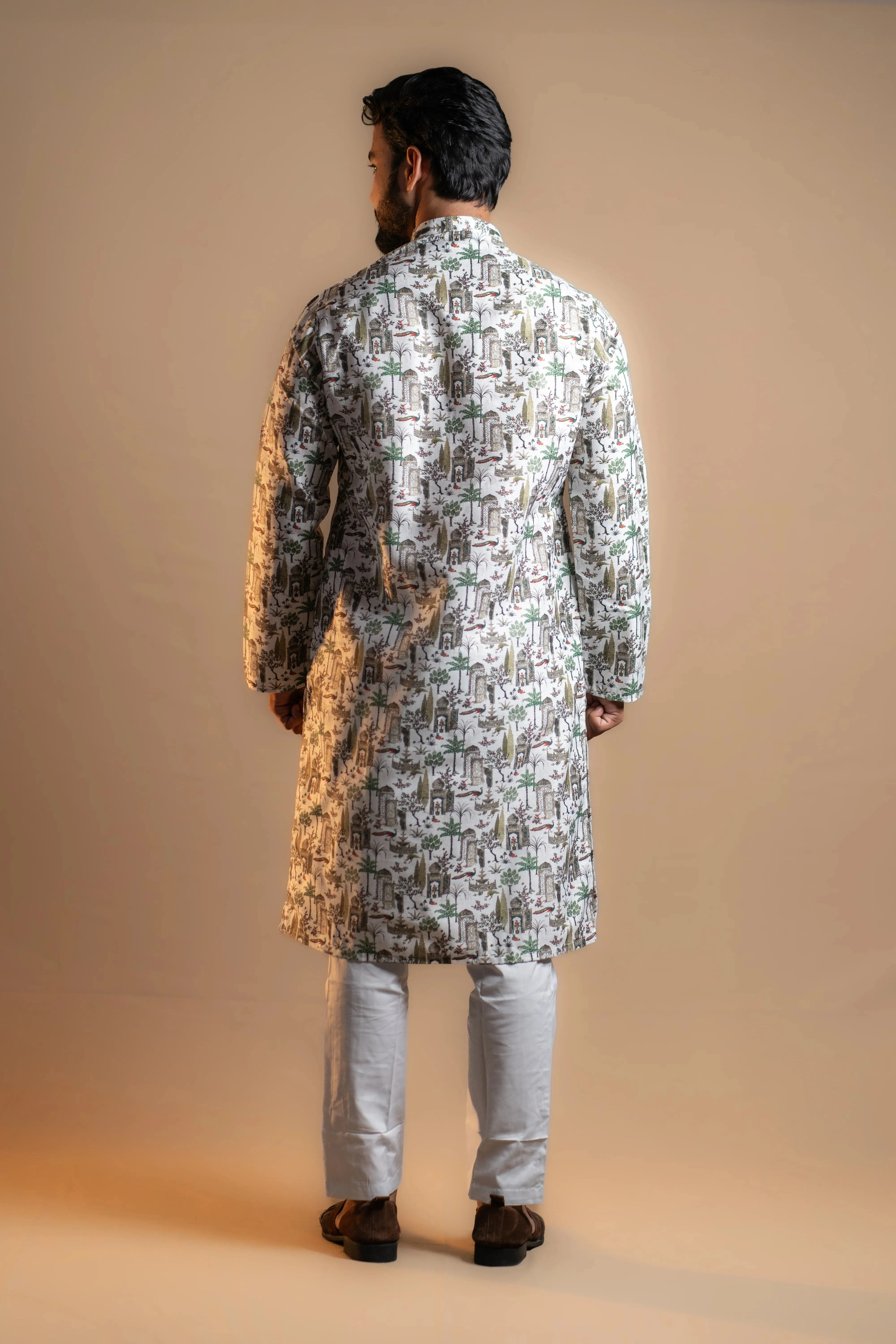 White Printed Kurta Set for Men
