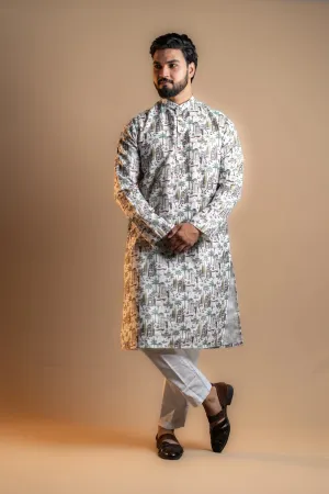 White Printed Kurta Set for Men