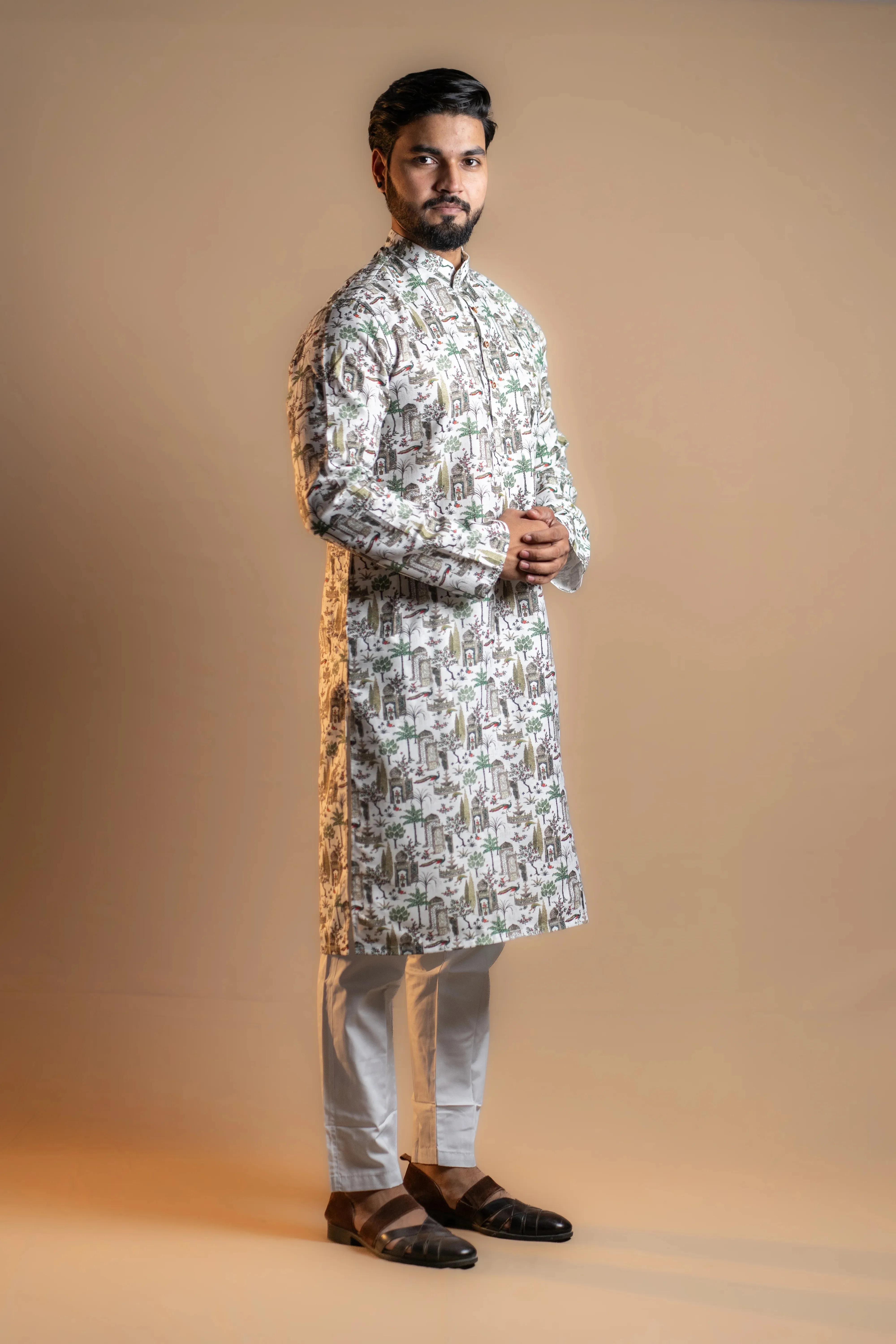 White Printed Kurta Set for Men