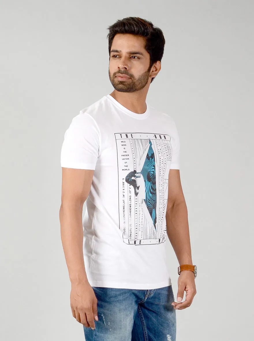 White Printed Slim Fit T-shirt | JadeBlue
