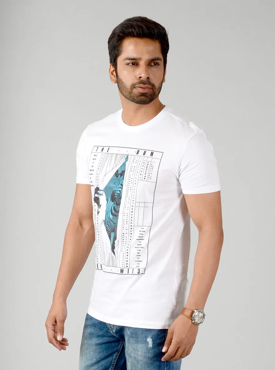 White Printed Slim Fit T-shirt | JadeBlue