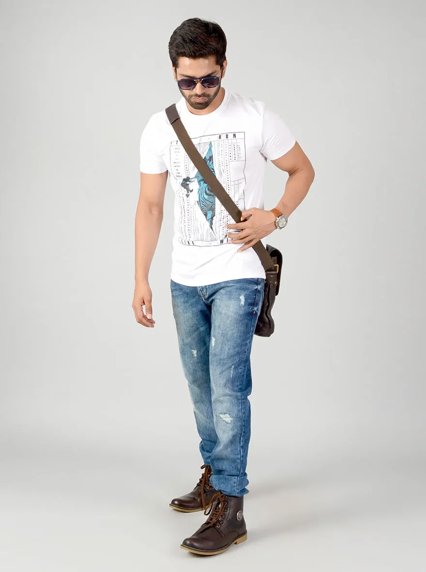 White Printed Slim Fit T-shirt | JadeBlue