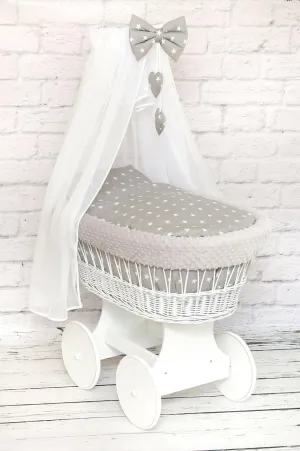 White Wicker Moses Basket with Wheels Baby full Bedding Set Small stars on Grey dimple