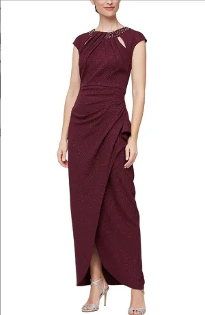 Wine Embellished Wrap Side Ruched Gown