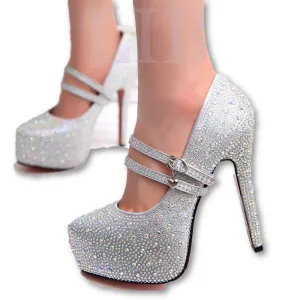 women high heels prom wedding shoes lady crystal platforms silver Glitter rhinestone bridal shoes thin heel party pump