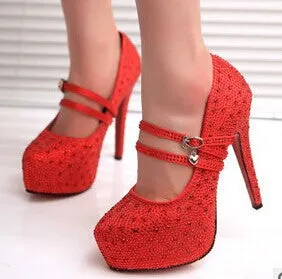 women high heels prom wedding shoes lady crystal platforms silver Glitter rhinestone bridal shoes thin heel party pump