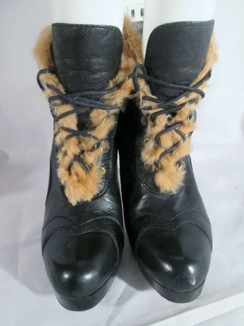 Womens BOUTIQUE 58 NECESSARY Leather Ankle Stiletto BOOTS BLACK 8.5 Booties Fur