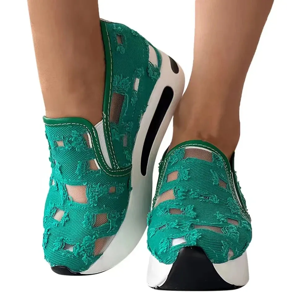 Women's Sneakers Floral Embroidery Mesh Sneakers for Women Slip on Casual Comfy Heeled Shoes Woman