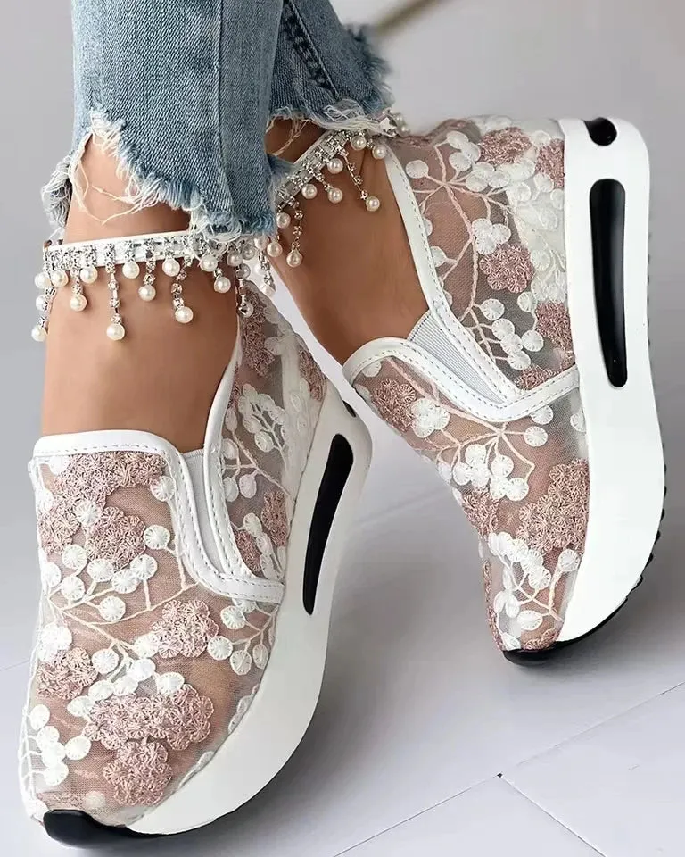 Women's Sneakers Floral Embroidery Mesh Sneakers for Women Slip on Casual Comfy Heeled Shoes Woman